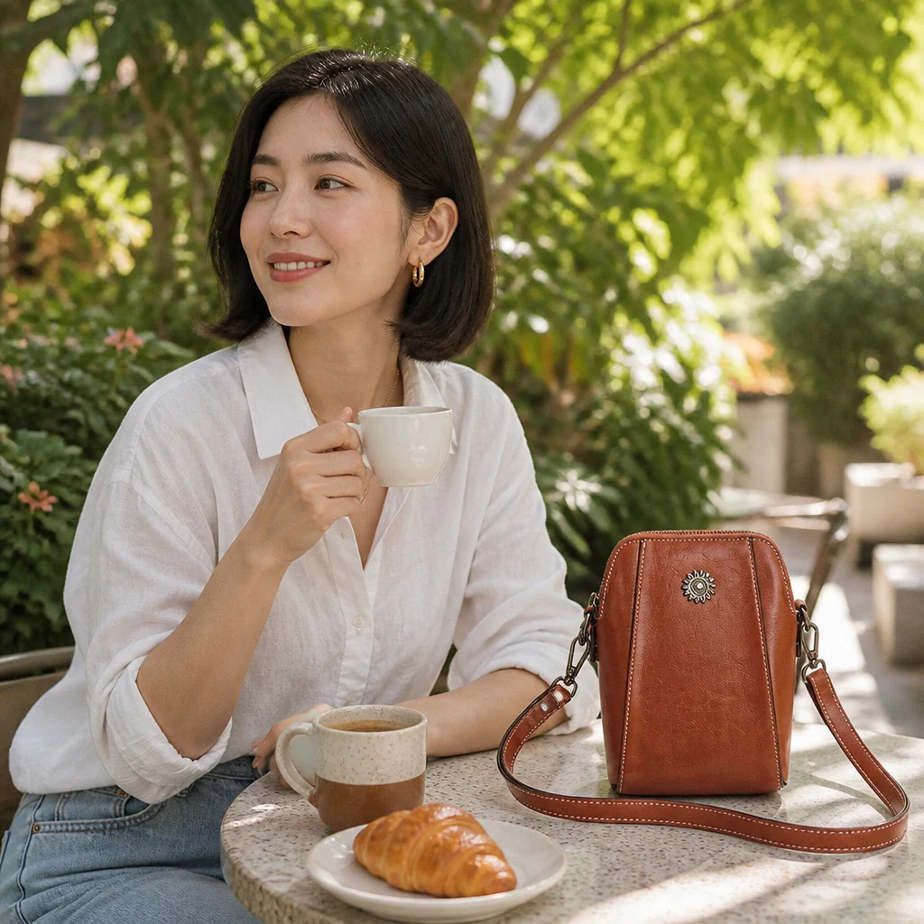 Marcella™ – Vintage Oil-Leather Compact Crossbody with Sunflower Medallion - Image 3
