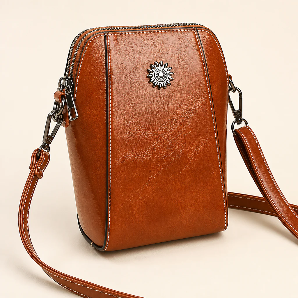 Marcella™ – Vintage Oil-Leather Compact Crossbody with Sunflower Medallion - Image 4