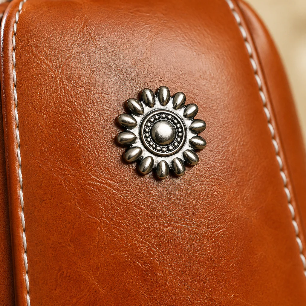 Marcella™ – Vintage Oil-Leather Compact Crossbody with Sunflower Medallion - Image 5