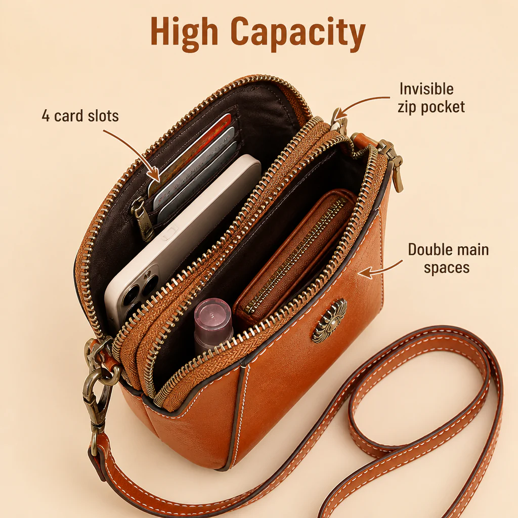 Marcella™ – Vintage Oil-Leather Compact Crossbody with Sunflower Medallion - Image 6