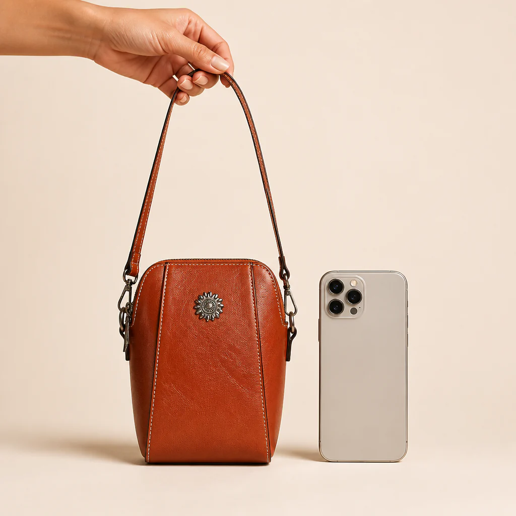 Marcella™ – Vintage Oil-Leather Compact Crossbody with Sunflower Medallion - Image 8