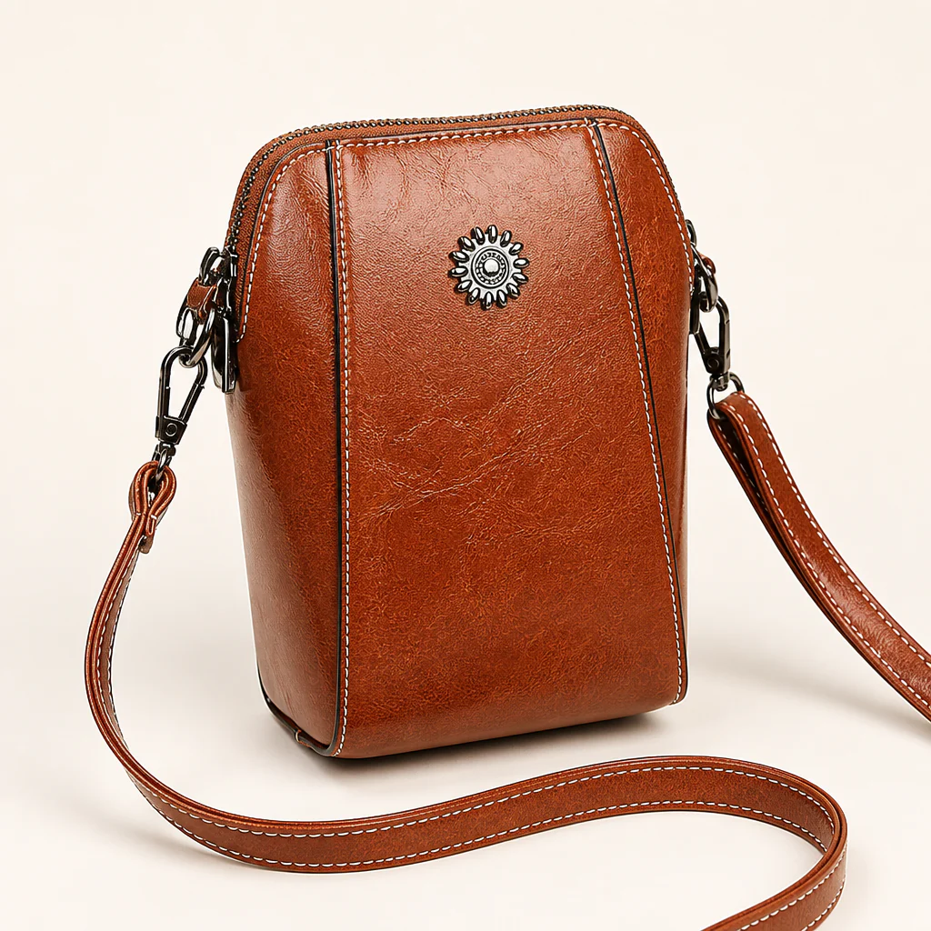 Marcella™ – Vintage Oil-Leather Compact Crossbody with Sunflower Medallion - Image 9