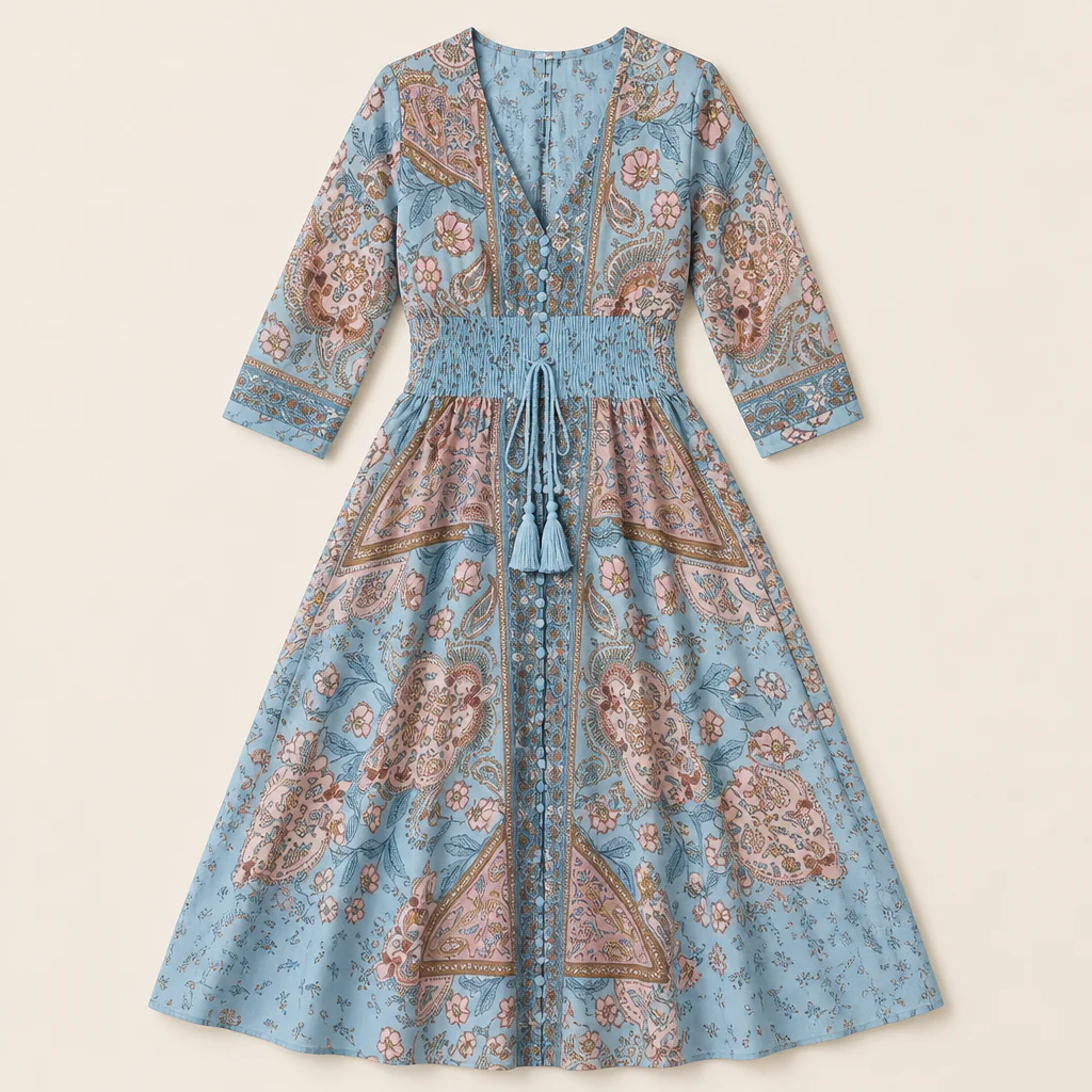Mirella™ – Bohemian Paisley V-Neck Maxi Dress with Smocked Waist - Image 7