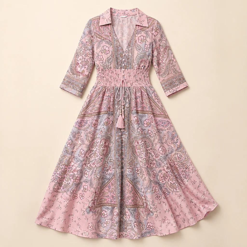Mirella™ – Bohemian Paisley V-Neck Maxi Dress with Smocked Waist - Image 9