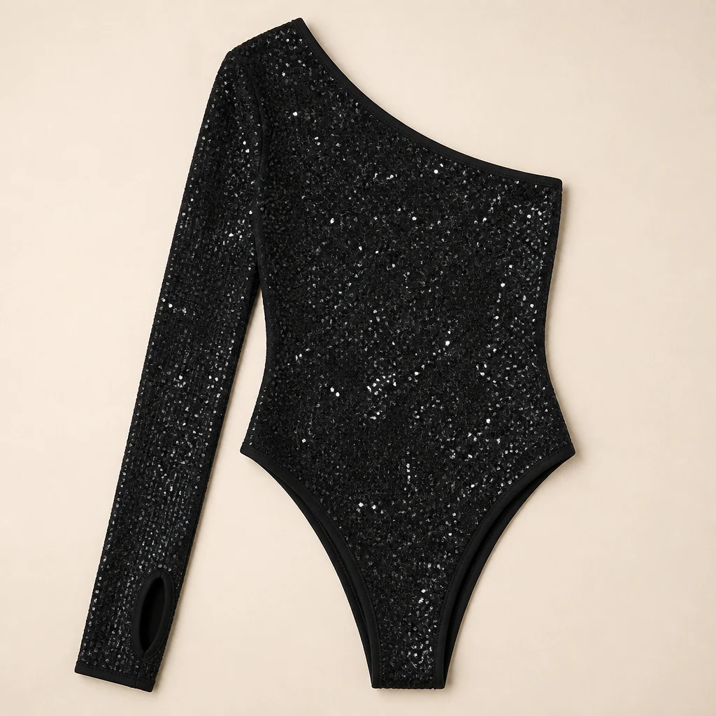 Stellara™ – Shimmering One-Shoulder Bodycon Bodysuit with Thumbhole Cuff - Image 10