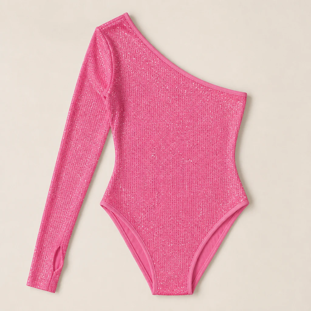 Stellara™ – Shimmering One-Shoulder Bodycon Bodysuit with Thumbhole Cuff - Image 11