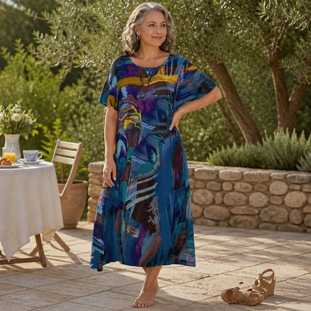 ZephyraWave™ – Flowy Bohemian Abstract Print Summer Dress - Image 2